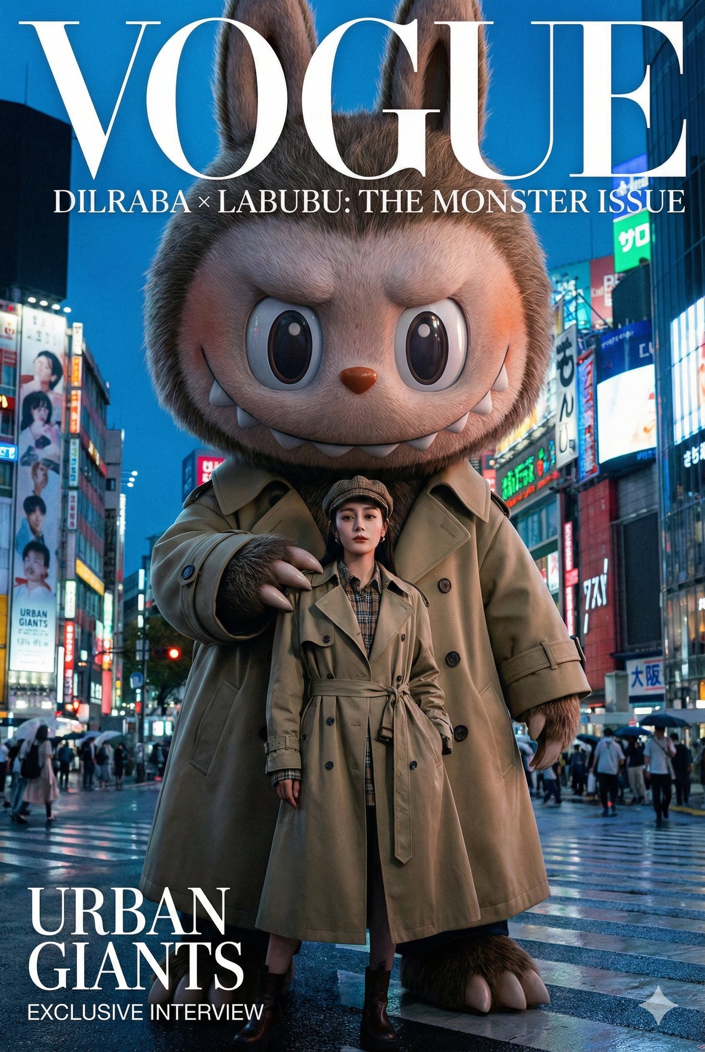 Labubu和迪丽热巴高端时尚跨页大片